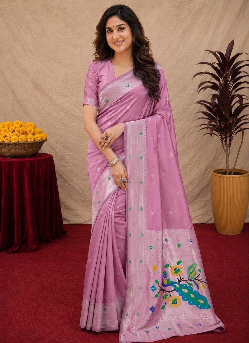 Light pink art silk blend banarasi jacuard work pethani saree with unstitched blouse piece