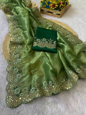 Pista coding embroidery work gold crush saree with blouse 1