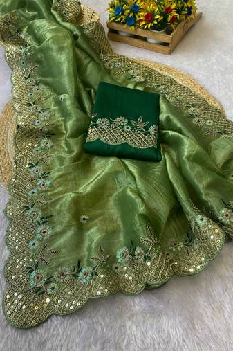 Pista coding embroidery work gold crush saree with blouse