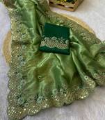 Pista coding embroidery work gold crush saree with blouse