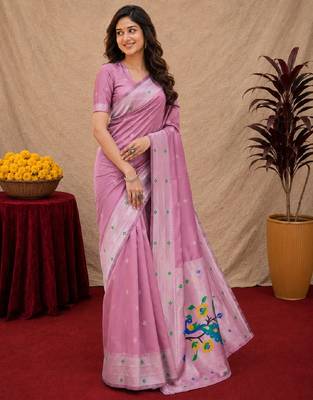 Light pink art silk blend banarasi jacuard work pethani saree with unstitched blouse piece 2