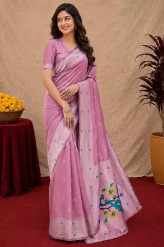 Light pink art silk blend banarasi jacuard work pethani saree with unstitched blouse piece