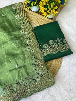 Pista coding embroidery work gold crush saree with blouse 2