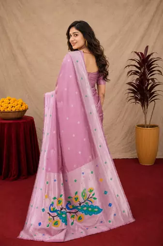 Light pink art silk blend banarasi jacuard work pethani saree with unstitched blouse piece