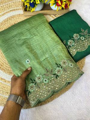 Pista coding embroidery work gold crush saree with blouse 3
