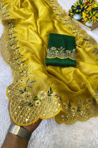 Yellow coding embroidery work gold crush saree with blouse