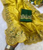 Yellow coding embroidery work gold crush saree with blouse