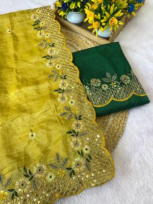 Yellow coding embroidery work gold crush saree with blouse 2