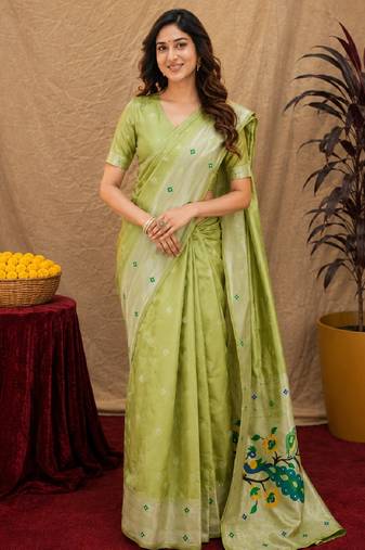 Parrot green art silk blend banarasi jacuard work pethani saree with unstitched blouse piece