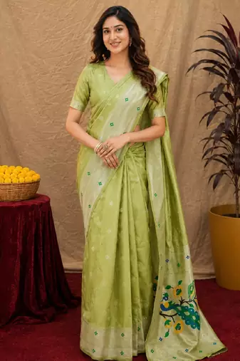 Parrot green art silk blend banarasi jacuard work pethani saree with unstitched blouse piece