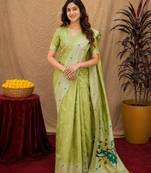 Parrot green art silk blend banarasi jacuard work pethani saree with unstitched blouse piece