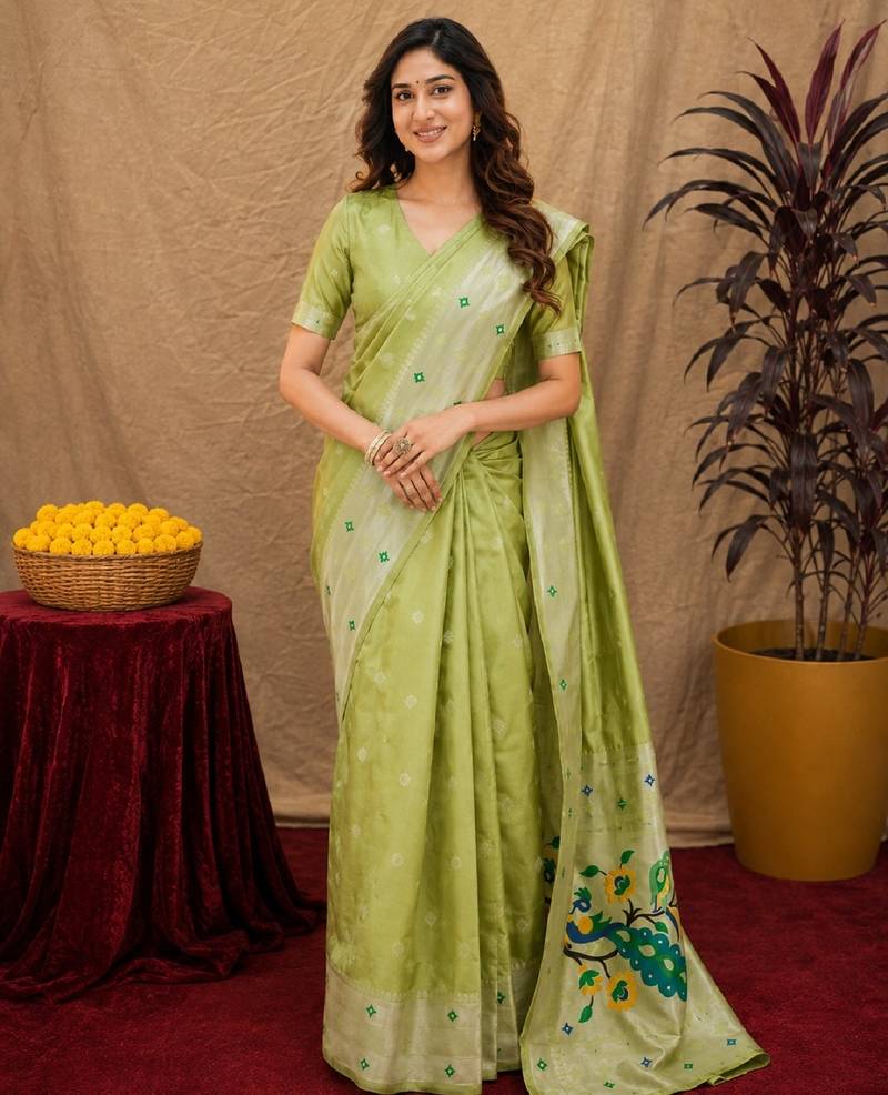 Parrot green art silk blend banarasi jacuard work pethani saree with unstitched blouse piece