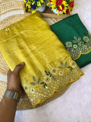 Yellow coding embroidery work gold crush saree with blouse 3