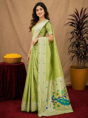 Parrot green art silk blend banarasi jacuard work pethani saree with unstitched blouse piece 2