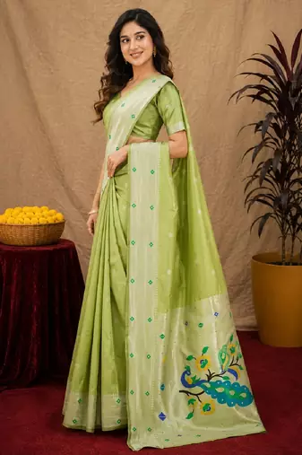 Parrot green art silk blend banarasi jacuard work pethani saree with unstitched blouse piece