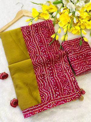 Mustard mill print & embroidery lace chiffon saree with blouse 1