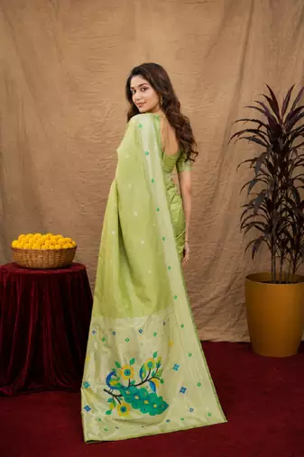 Parrot green art silk blend banarasi jacuard work pethani saree with unstitched blouse piece