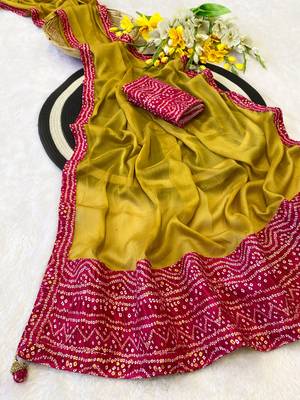 Mustard mill print & embroidery lace chiffon saree with blouse 2