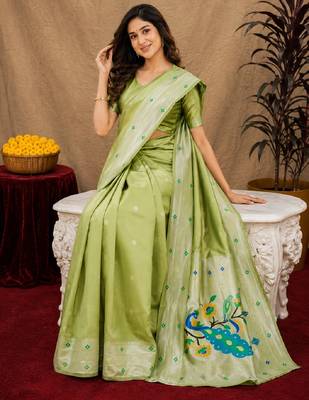 Parrot green art silk blend banarasi jacuard work pethani saree with unstitched blouse piece 4