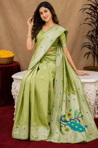 Parrot green art silk blend banarasi jacuard work pethani saree with unstitched blouse piece