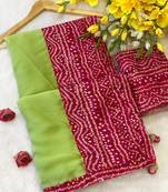 Pista mill print & embroidery lace chiffon saree with blouse