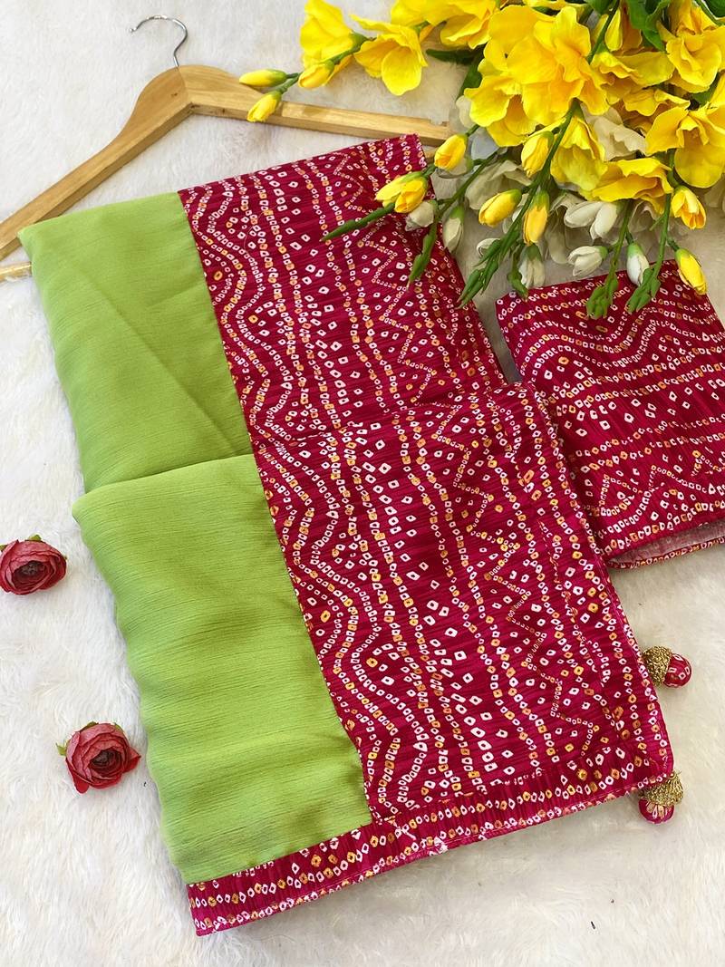Pista mill print & embroidery lace chiffon saree with blouse