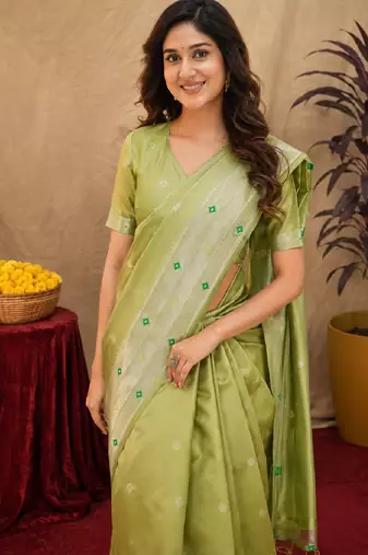 Parrot green art silk blend banarasi jacuard work pethani saree with unstitched blouse piece