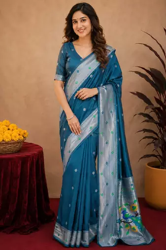 Rama art silk blend banarasi jacuard work pethani saree with unstitched blouse piece