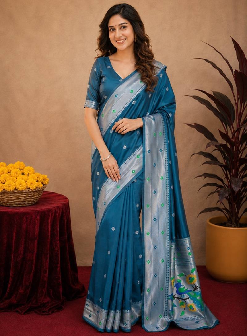 Rama art silk blend banarasi jacuard work pethani saree with unstitched blouse piece