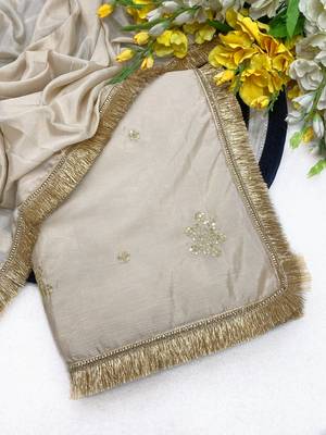 Chikoo multicolor sequece embroidery work chinon saree with blouse 1