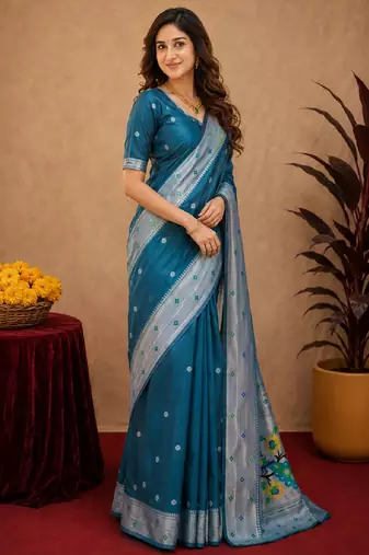 Rama art silk blend banarasi jacuard work pethani saree with unstitched blouse piece