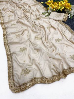 Chikoo multicolor sequece embroidery work chinon saree with blouse 2