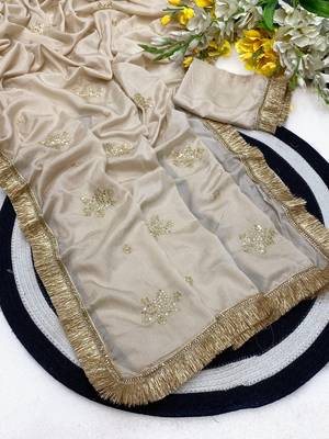 Chikoo multicolor sequece embroidery work chinon saree with blouse 3