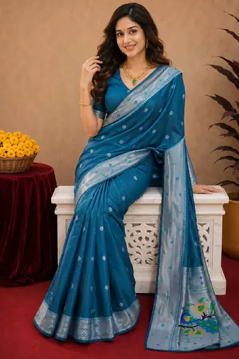 Rama art silk blend banarasi jacuard work pethani saree with unstitched blouse piece