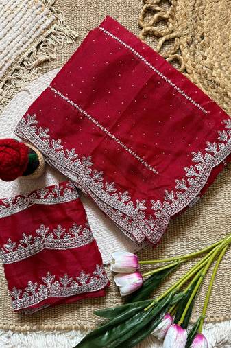 Maroon zari embroidery work star georgette saree with blouse