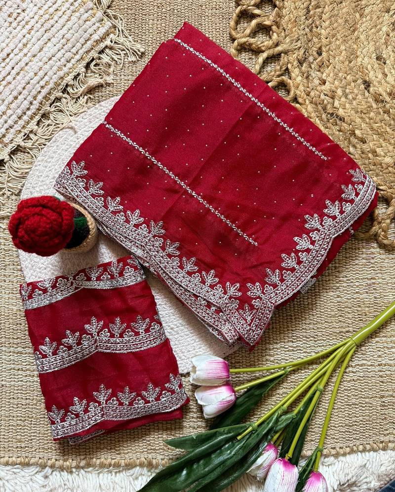 Maroon zari embroidery work star georgette saree with blouse