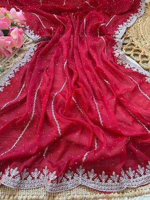 Maroon zari embroidery work star georgette saree with blouse 2