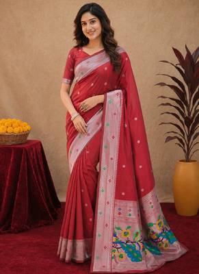 Red art silk blend banarasi jacuard work pethani saree with unstitched blouse piece 1