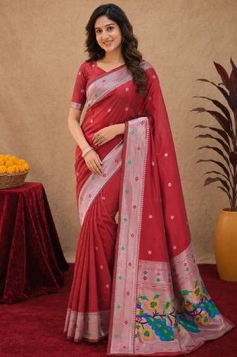 Red art silk blend banarasi jacuard work pethani saree with unstitched blouse piece