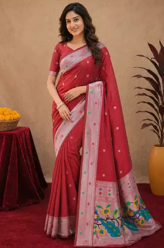 Red art silk blend banarasi jacuard work pethani saree with unstitched blouse piece
