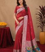 Red art silk blend banarasi jacuard work pethani saree with unstitched blouse piece