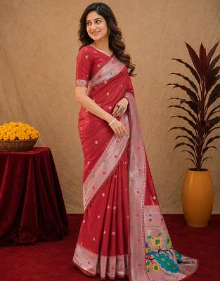 Red art silk blend banarasi jacuard work pethani saree with unstitched blouse piece 2