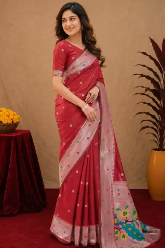 Red art silk blend banarasi jacuard work pethani saree with unstitched blouse piece