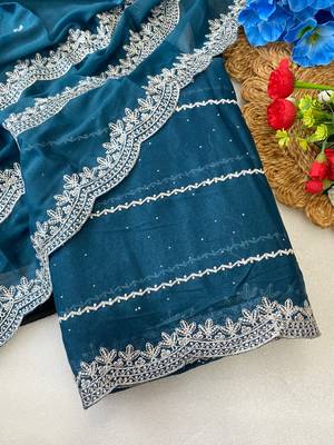 Petrol blue zari embroidery work star georgette saree with blouse 1