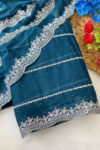 Petrol blue zari embroidery work star georgette saree with blouse