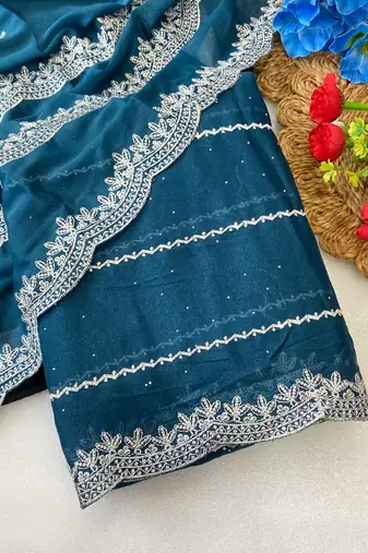 Petrol blue zari embroidery work star georgette saree with blouse