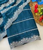 Petrol blue zari embroidery work star georgette saree with blouse