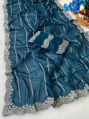 Petrol blue zari embroidery work star georgette saree with blouse 2