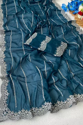 Petrol blue zari embroidery work star georgette saree with blouse