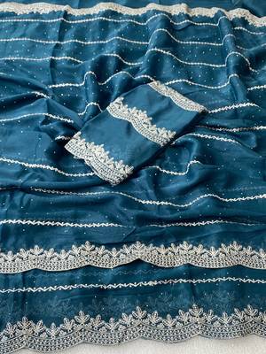 Petrol blue zari embroidery work star georgette saree with blouse 3